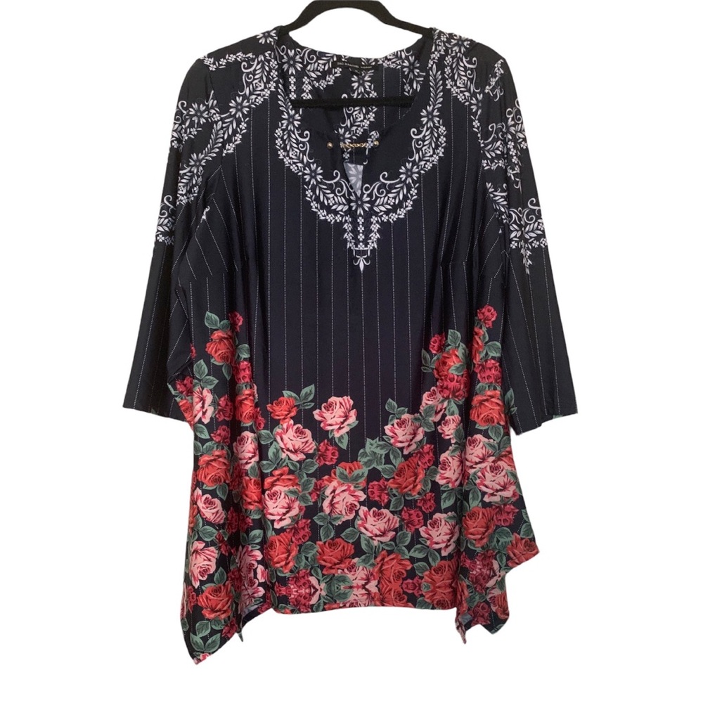 Zac & Rachel Women's Plus Size 1X Floral Stripe Print 3/4 Sleeves Blouse Top